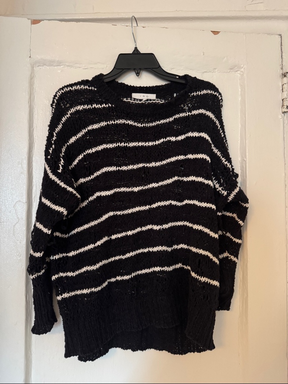IRO Black & White Striped Open-Knit Crewneck Sweater